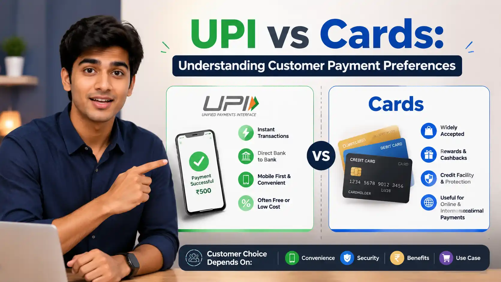 UPI vs Cards comparison infographic showing transaction costs, speed, security features, and customer preferences in India 2026