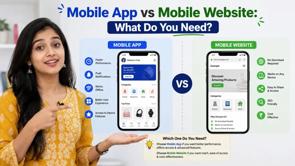 Comparison diagram showing mobile app vs website features, costs, and benefits for Indian businesses