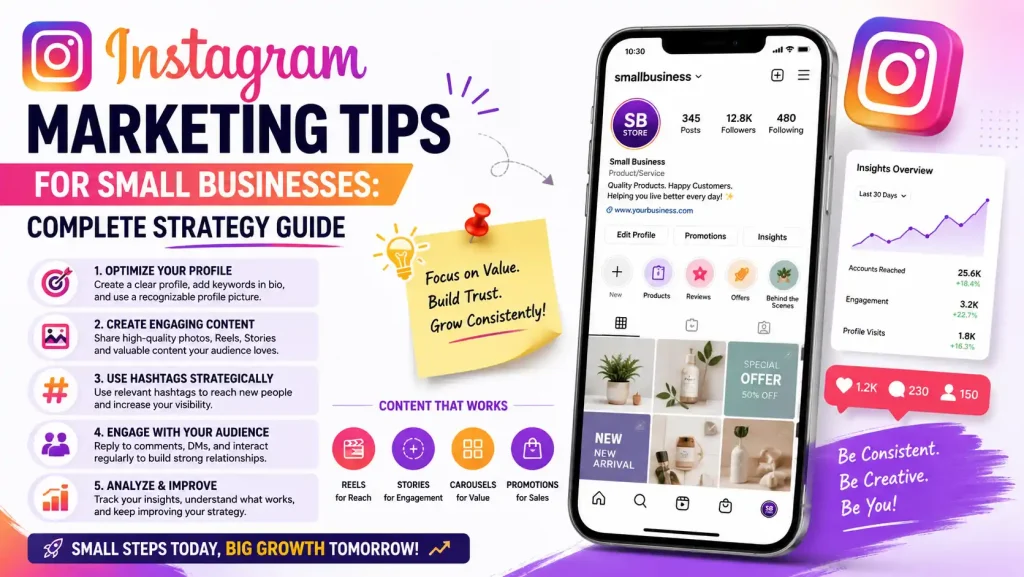 Instagram marketing tips for small businesses showing content strategy, Reels, and engagement tactics dashboard