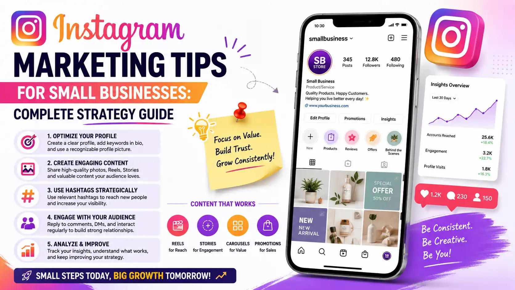 Instagram marketing tips for small businesses showing content strategy, Reels, and engagement tactics dashboard