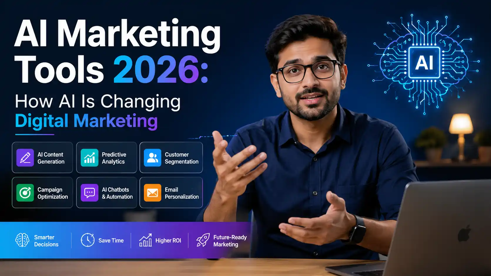 AI marketing tools dashboard showing 12 essential tools for digital marketing transformation in 2026