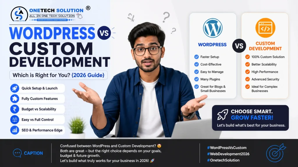 Graphic comparing WordPress and Custom Development features like speed, flexibility, and scalability for business websites.