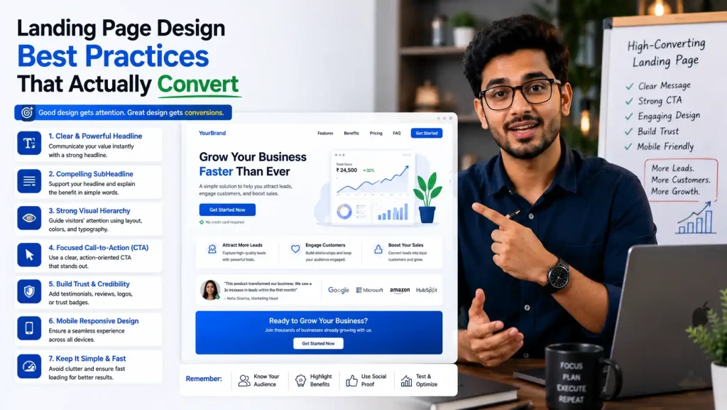 8 landing page design best practices showing headline CTA form mobile optimization trust signals conversion checklist