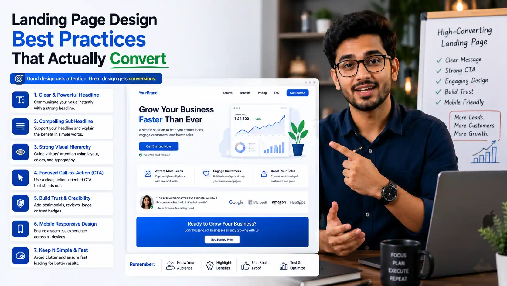 8 landing page design best practices showing headline CTA form mobile optimization trust signals conversion checklist