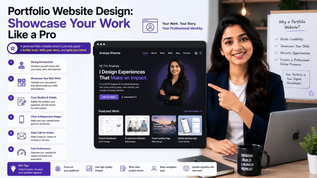 Portfolio website design showcase - professional web designer working on laptop