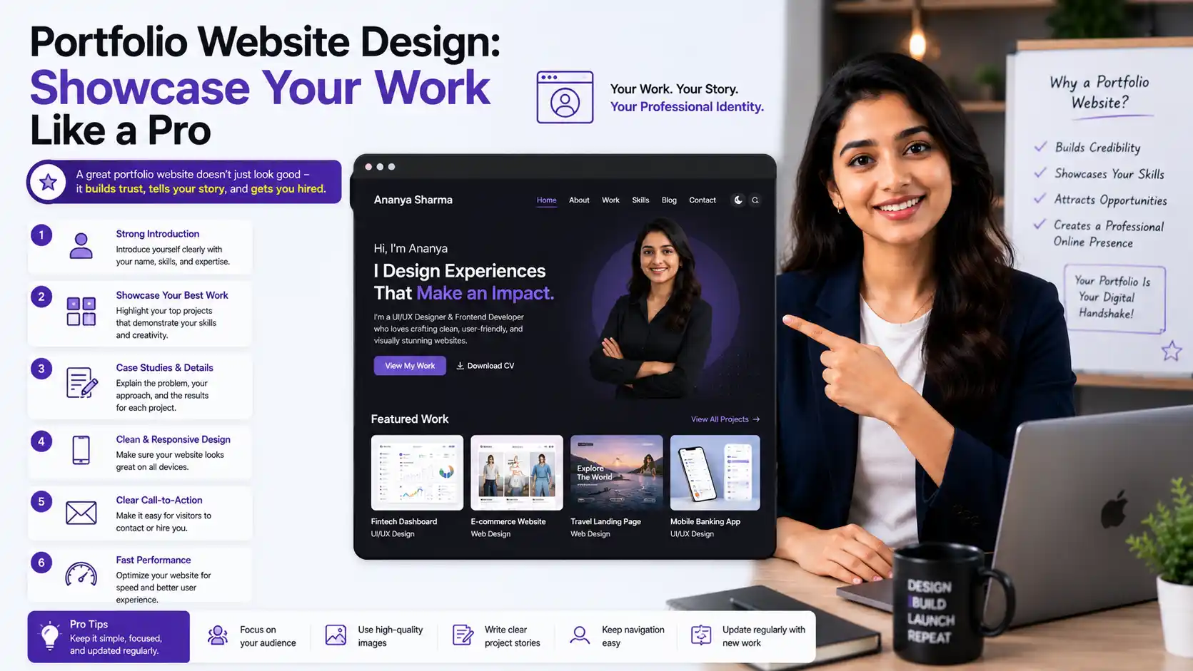 Portfolio website design showcase - professional web designer working on laptop
