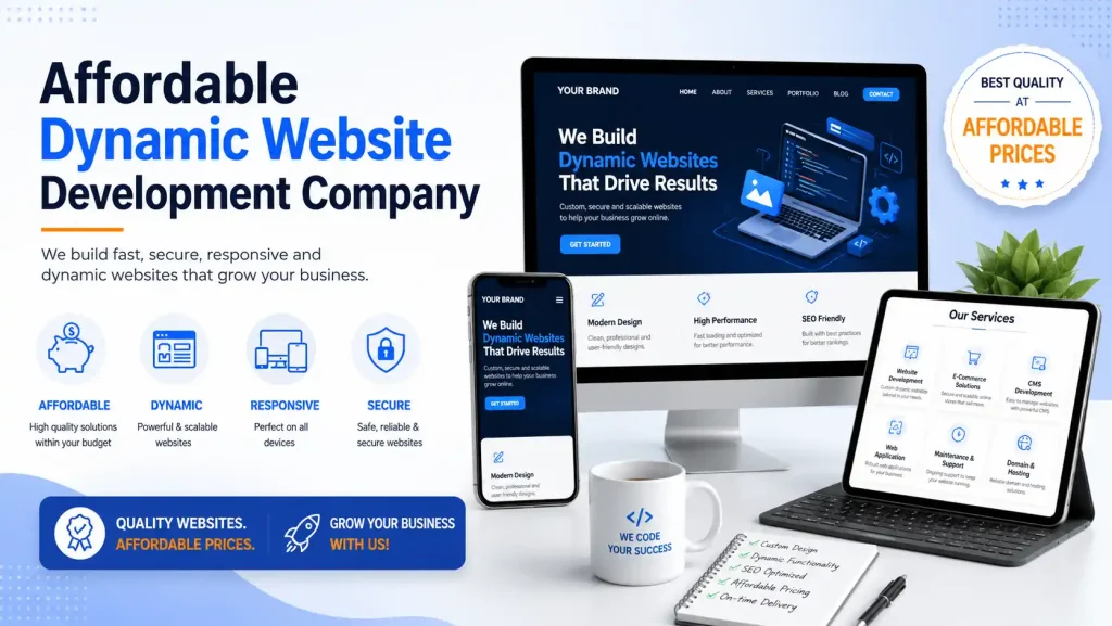 Affordable dynamic website development company showing cost breakdown and ROI dashboard
