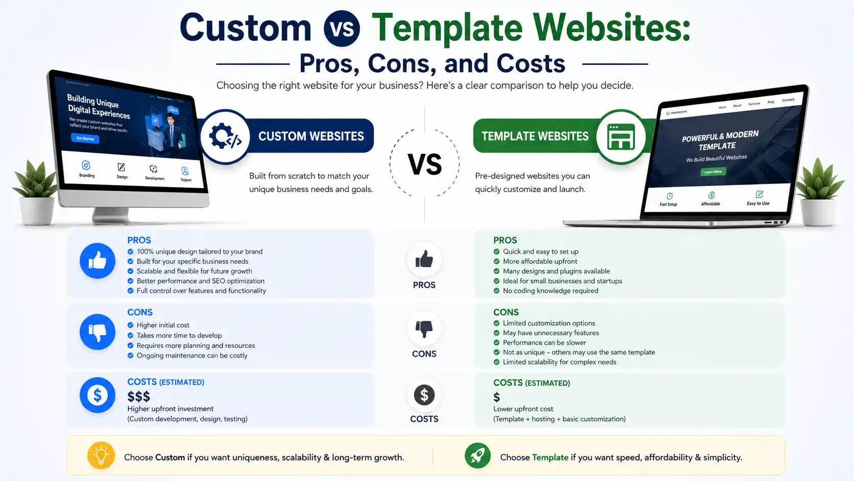 Side-by-side comparison showing custom website vs template website differences in cost design and scalability