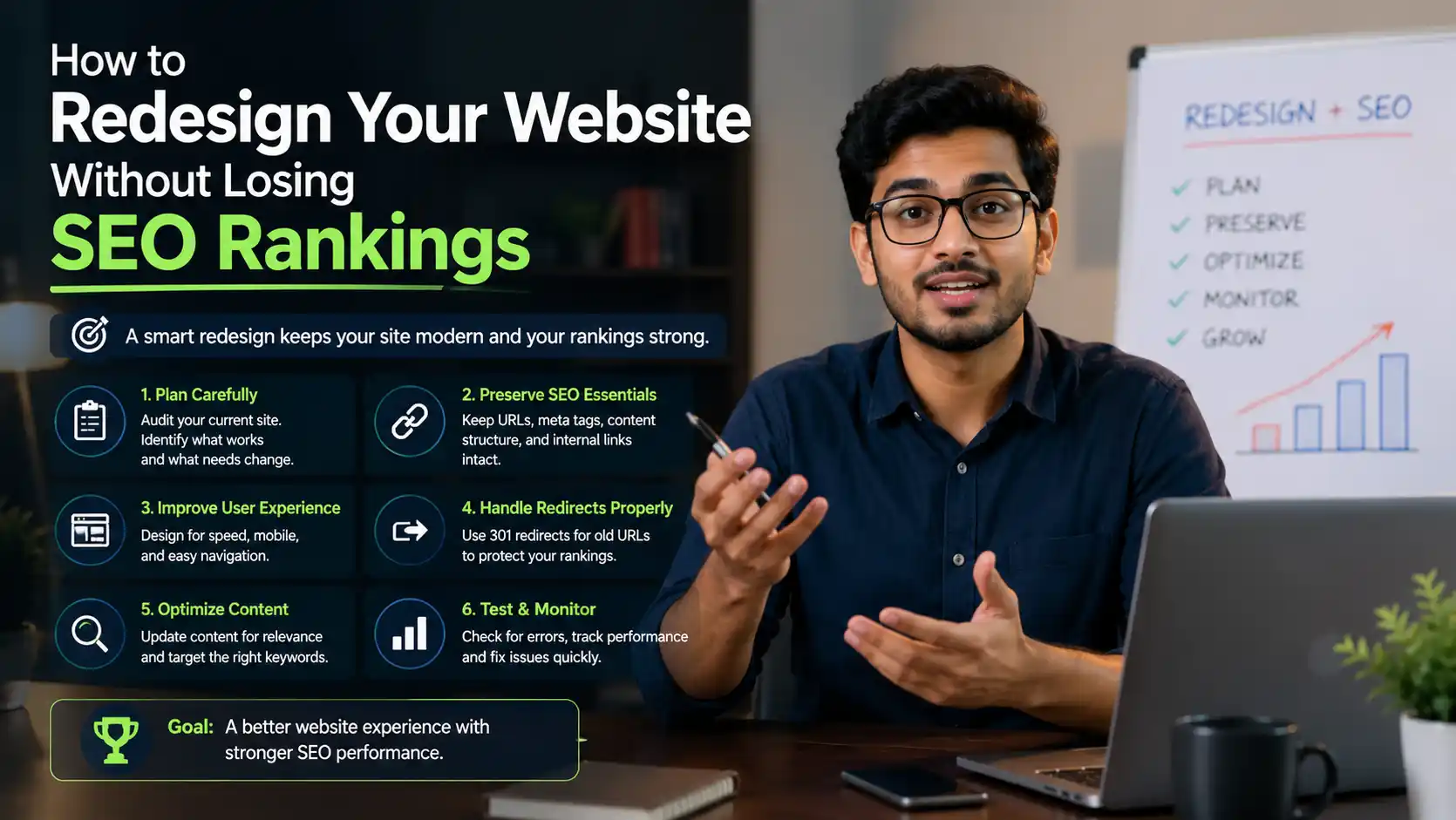 14-step website redesign process diagram showing pre-redesign audit through post-launch monitoring to preserve SEO rankings