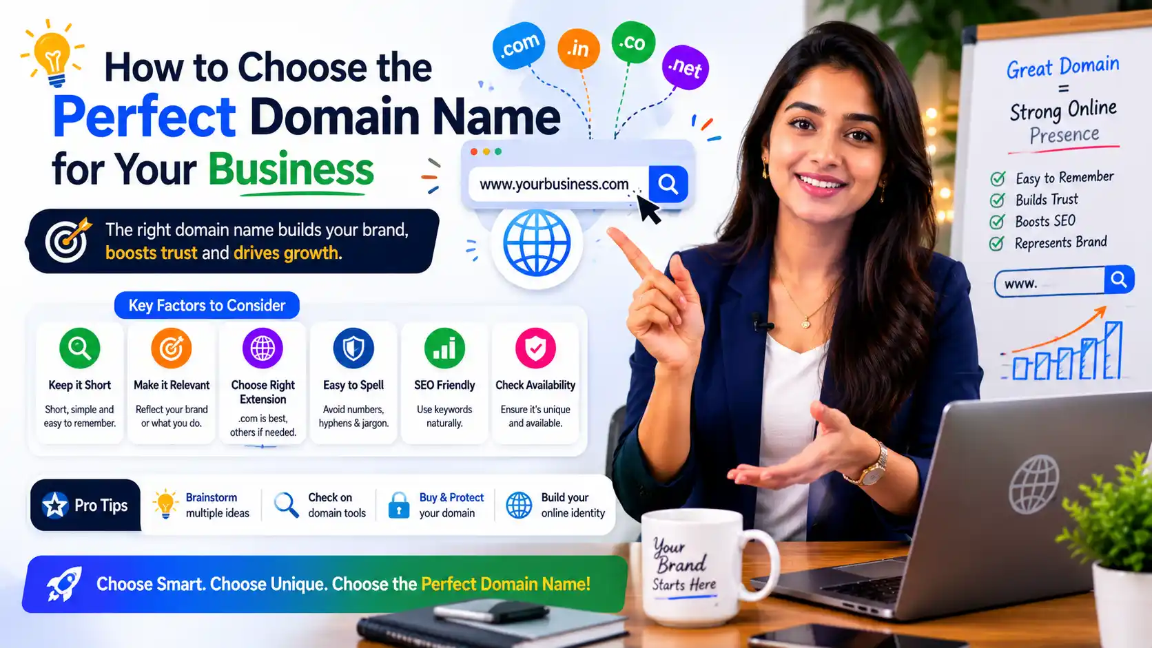 7 characteristics of perfect domain name showing short memorable easy to spell no hyphens right extension social media available